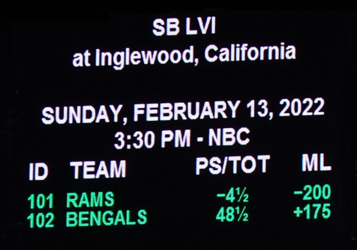 第56回 Super Bowl の賭けに関する各種情報を示す電光表示。