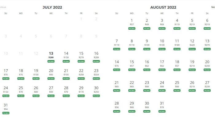 2022年7月12日時点における Paris Hotel の宿泊料金カレンダー。