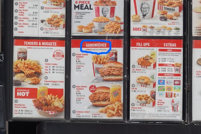 ラスベガスのKFCの現在のメニュー。「SANDWICHES」と表記されていることがわかる。