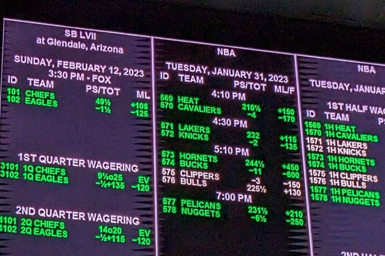 スーパーボウルの払い戻し倍率などを表示するスポーツブックの電光パネル。