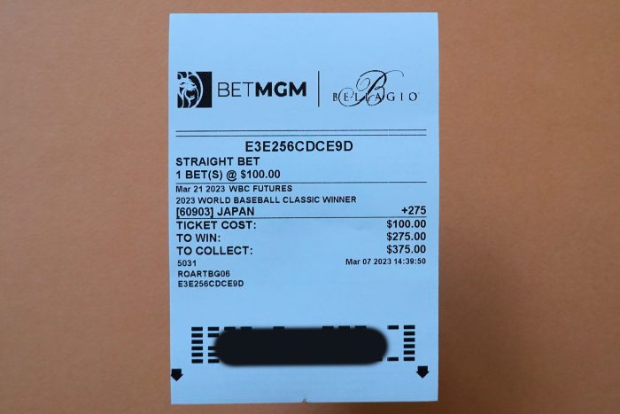 MGM系列のカジノホテル「ベラージオ」のスポーツブックで実際に日本に$100を賭けたチケット。