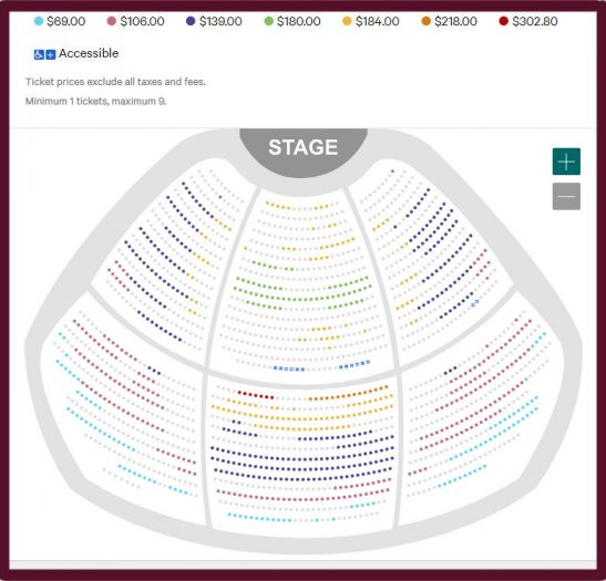 KA の 2023年4月29日（土曜日）の 7:00pm 公演の座席別の料金表。曜日的にも時間帯的にも人気の公演と推測できる。まだ１ヶ月以上も先の公演ではあるが、それなりに空席（色が付いている席）が減ってきていることがうかがえる。