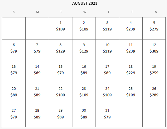 Mirage ホテルの8月の料金表。平常時の料金（下限の料金と考えてよいだろう） $69を提示している日は8月14日しかない。