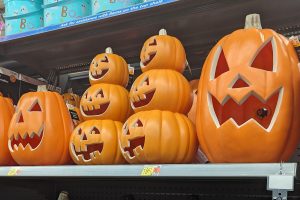 真ん中の三段重ねのカボチャは$18.97、左のカボチャは$16.97、右のカボチャの値札は撮影もれ。