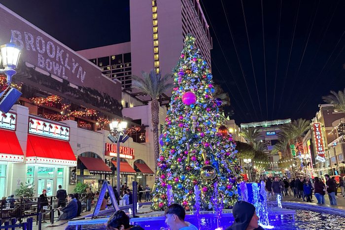 LINQプロムナードのほぼ中心地点に飾られたクリスマスツリー。後方の高い建物はフラミンゴホテル。夜空に見える直線状のものはジップラインのワイヤー。