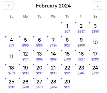 MGM Grand ホテルの公式サイトにおける来月2024年2月の宿泊レート（1月9日時点でのレート）。2月11日に予定されているスーパーボウルの日の当日と前日は売り切れで、その他の日もレートが激しく変動していることが見て取れる。