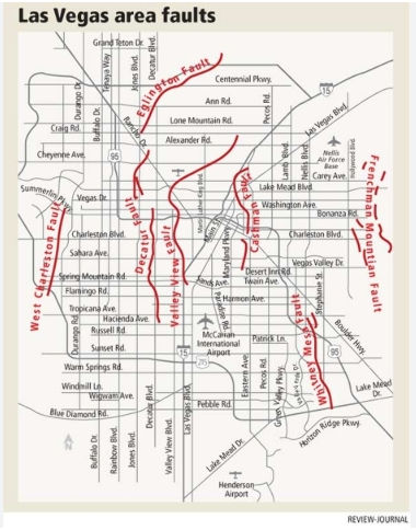 赤い線がラスベガスで確認されている断層。（Las Vegas Review-Journal のサイトより）