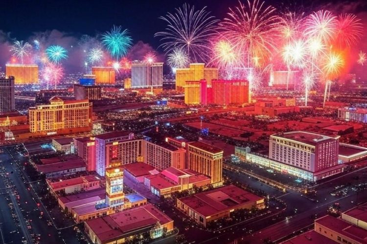 ラスベガス年末恒例のカウントダウン花火大会の様子を人工知能AIが描いた写真。