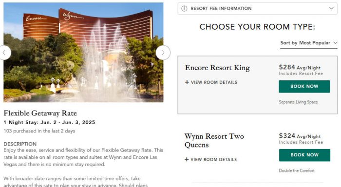 ラスベガスで人気の高級カジノホテル Wynn の公式サイトにおける予約画面。太字で表示されている宿泊料金($284 や $324)はリゾートフィーも含めた総額になっており、かなり良心的に改善されていることがわかる。